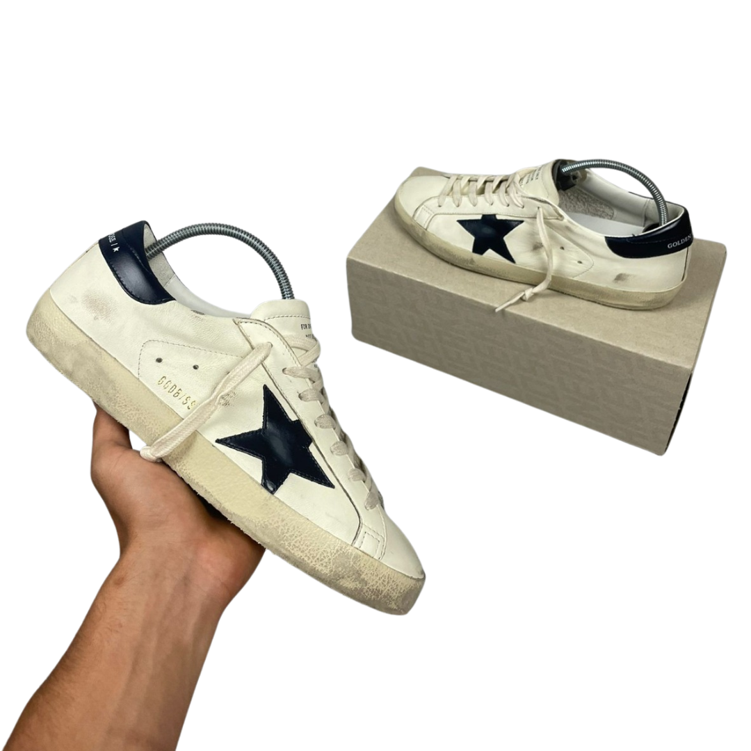 Golden Goose Superstar Distressed Sneakers (Navy Heel) (New)