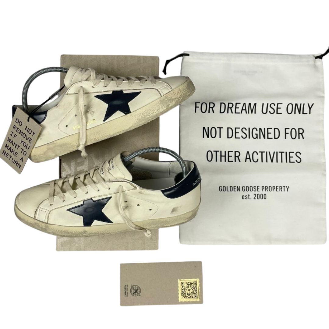 Golden Goose Superstar Distressed Sneakers (Navy Heel) (New)