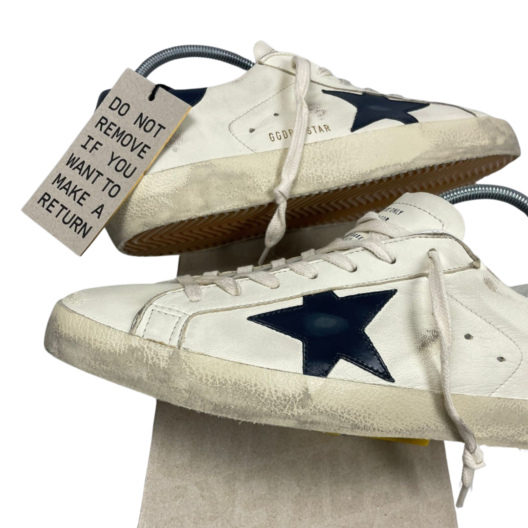 Golden Goose Superstar Distressed Sneakers (Navy Heel) (New)