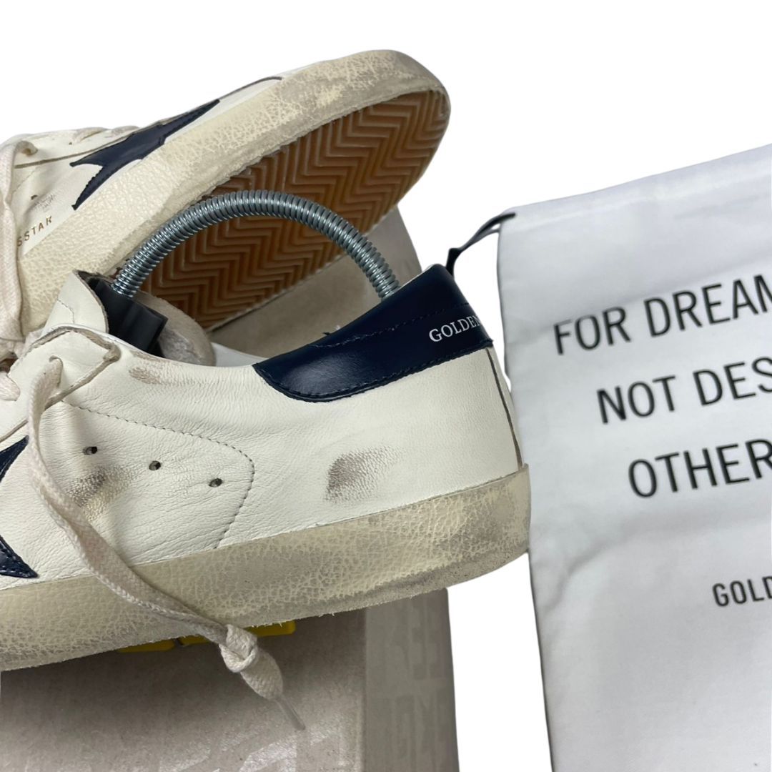 Golden Goose Superstar Distressed Sneakers (Navy Heel) (New)